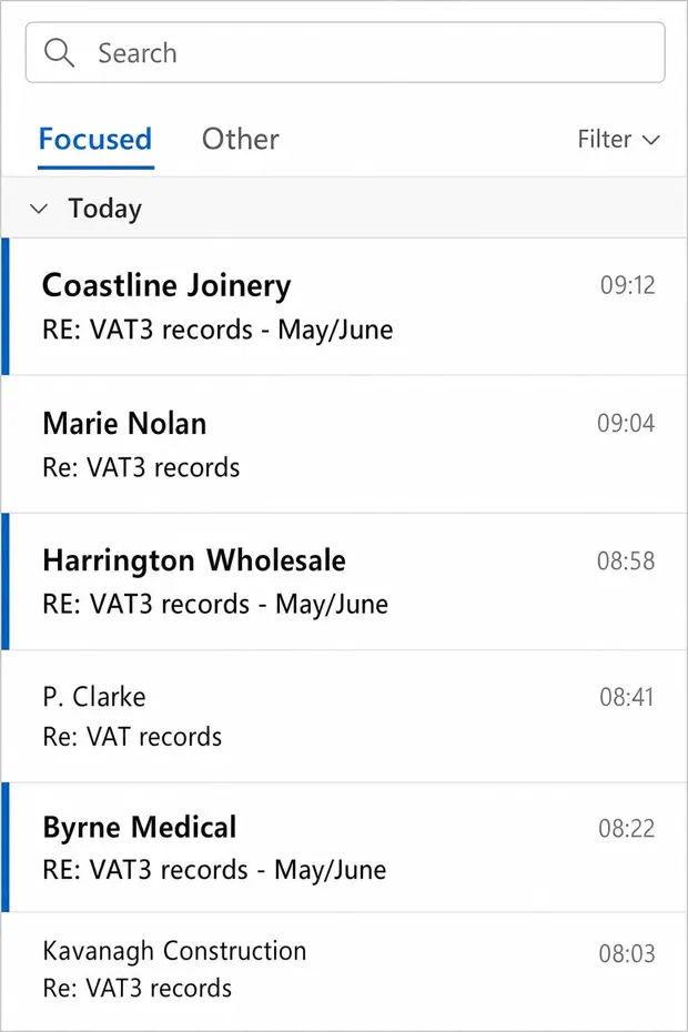 An Outlook inbox showing six replies about VAT3 records arriving between 08:03 and 09:12, three of them still unread.